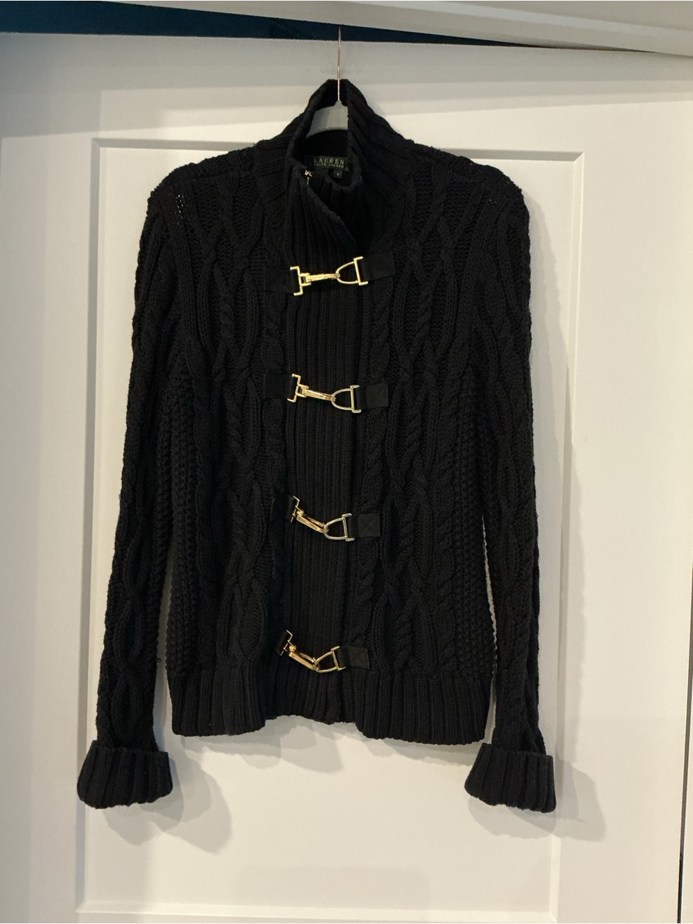 Lauren Ralph Lauren Black Cable-Knit Sweater with Fireman Gold Toggles, Medium